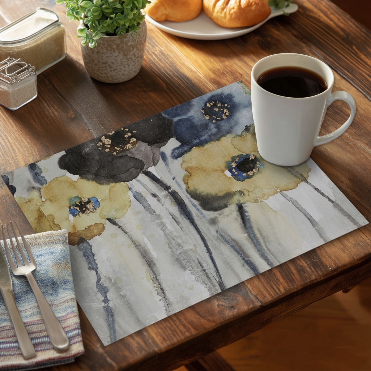 Picture of Begin Home Decor C4PP14189XLTL6 14 x 18 in. Gray Blue & Yellow Flowers Polyester Placemat - Home Decor - Set of 4
