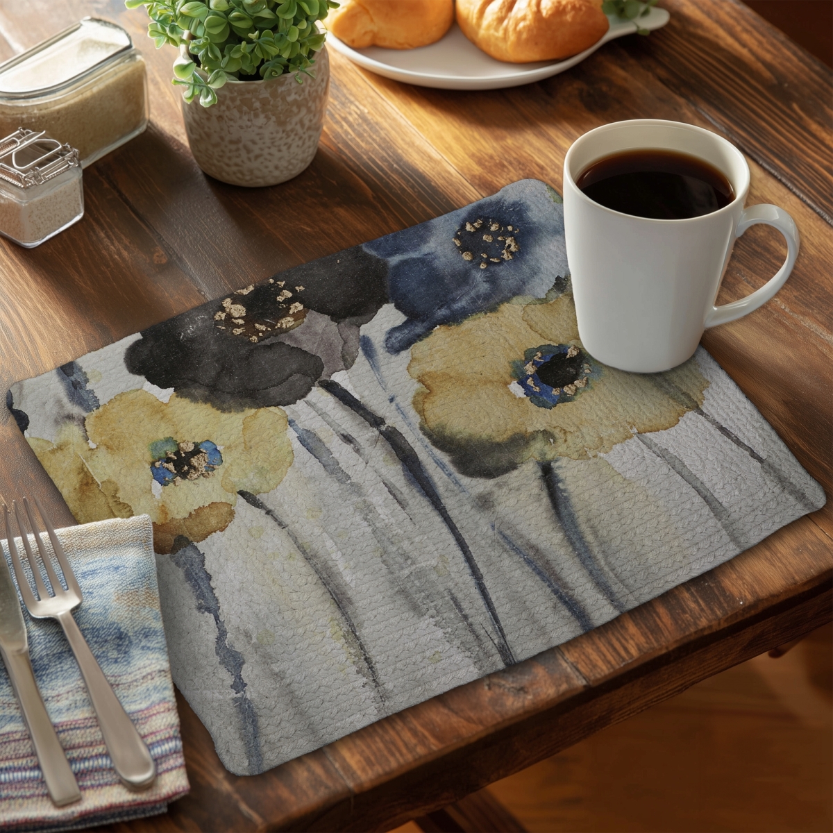 Picture of Begin Home Decor C6BP1418TTYG5E 14 x 18 in. Gray Blue Yellow Flowers Braided Polyester Placemat - Home Decor - Set of 6