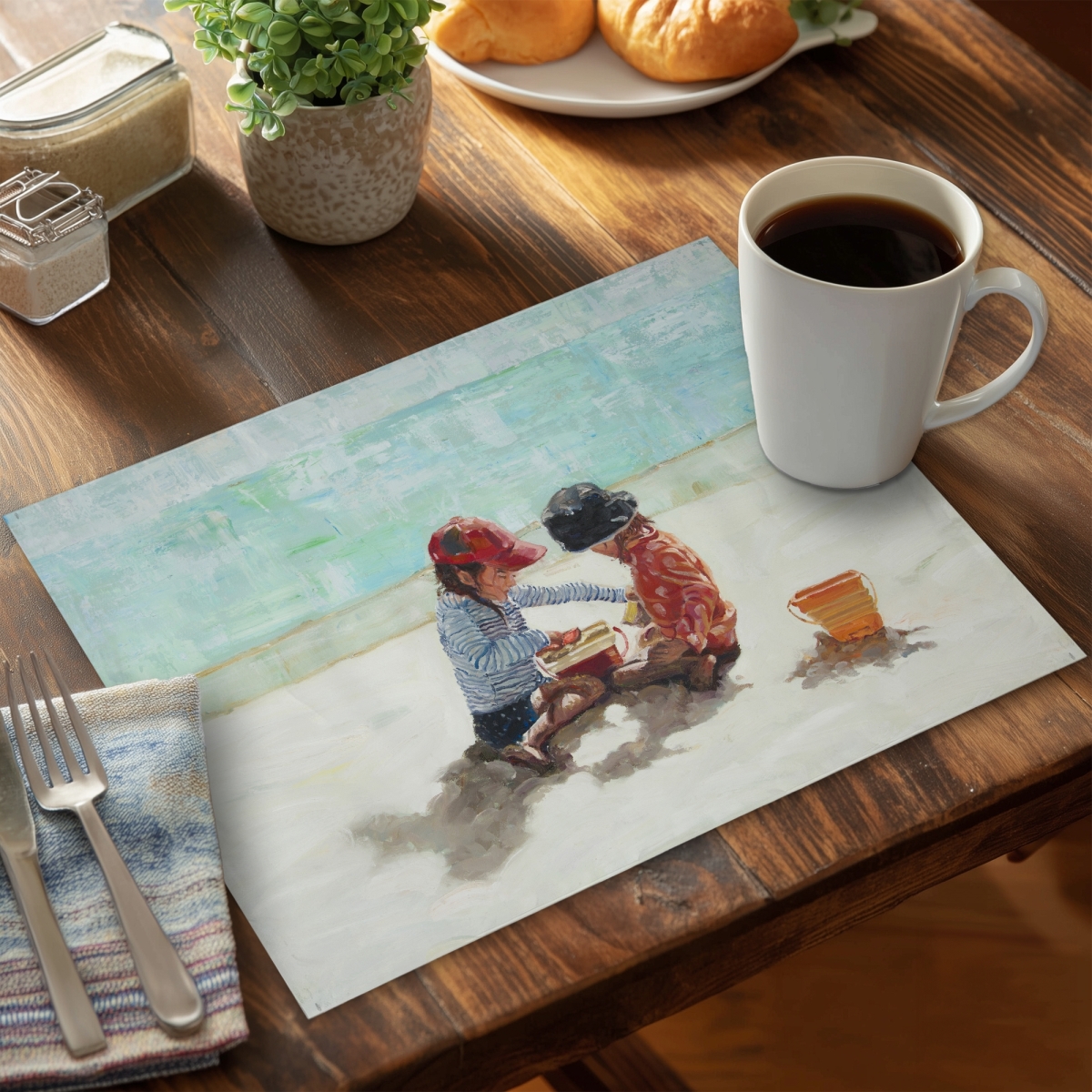 Picture of Begin Home Decor CPPM1418B0OVAZ 14 x 18 in. Little Girls At the Beach Sea Bathroom Coastal Placemat