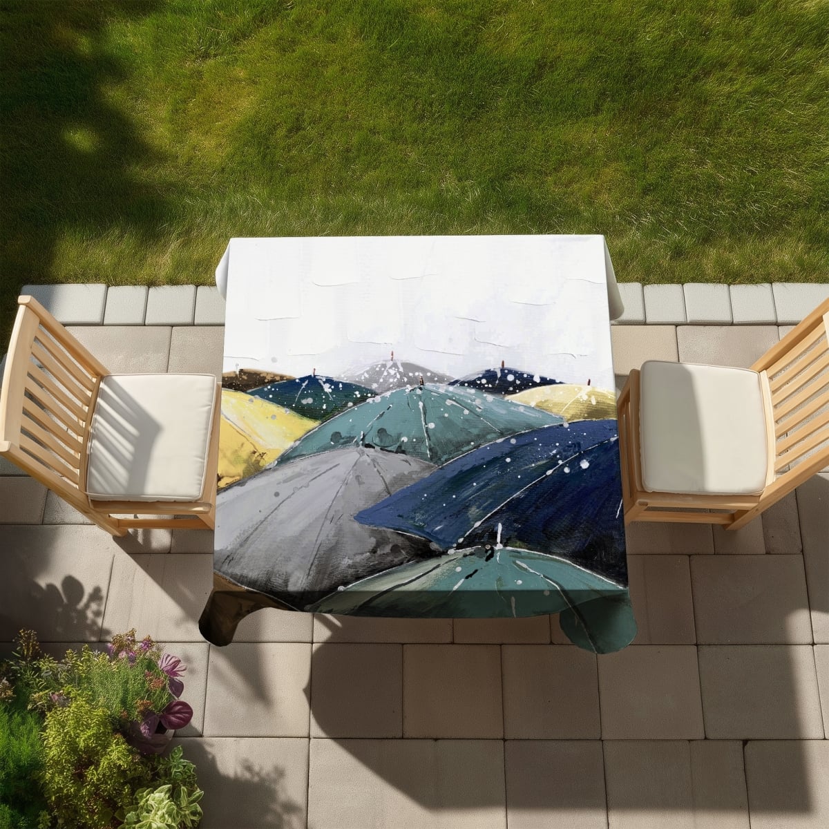 Picture of Begin Home Decor C1TC5858Y2G85N 58 x 58 in. Umbrellas Blue Tablecloth - Indoor Outdoor Home Decor