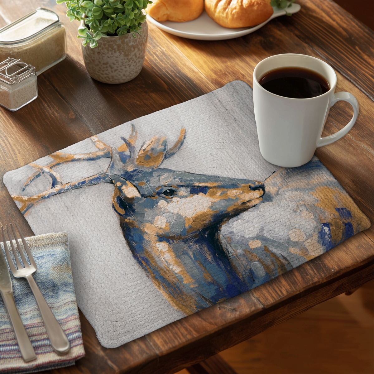 Picture of Begin Home Decor CBPM14187SHYN0 14 x 18 in. Golden Deer Braided Polyester Placemat - Blue Animals Decor