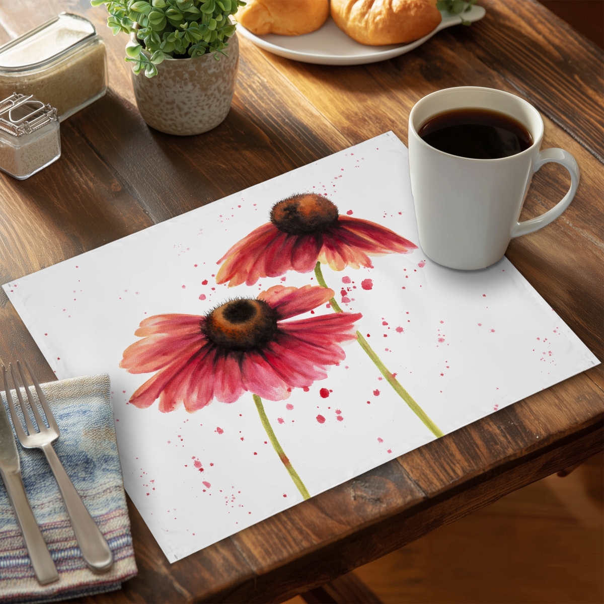 Picture of Begin Home Decor C6PP1418JQITQY 14 x 18 in. Two Pink Daisies Polyester Placemat - Home Decor Accent - Set of 6
