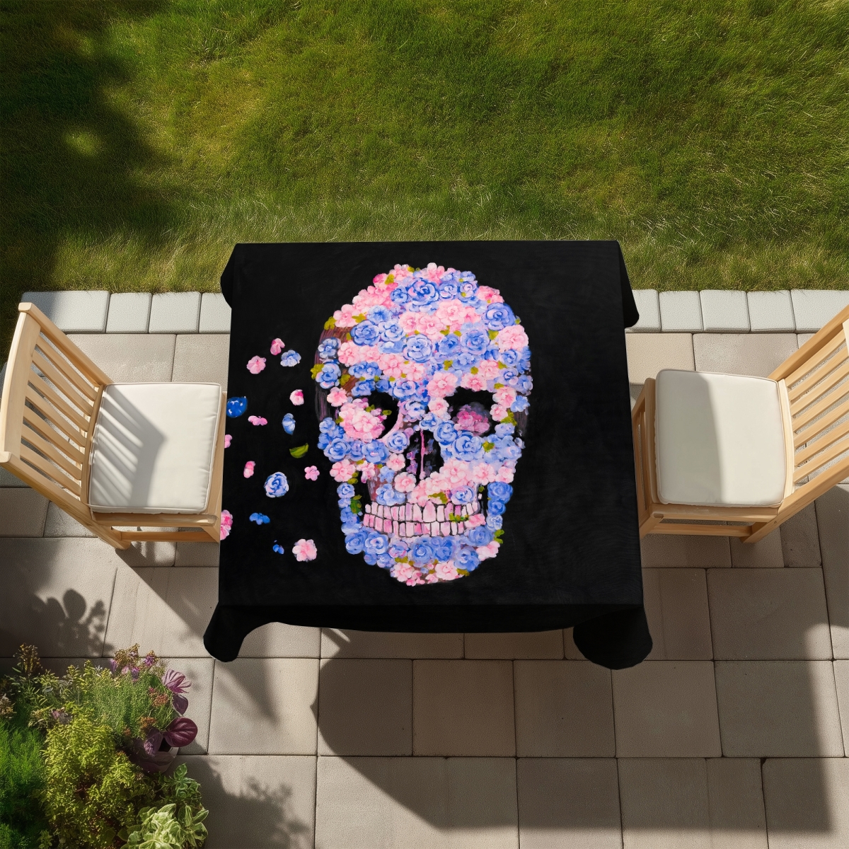 Picture of Begin Home Decor C1TC585804XE84 58 x 58 in. Skull Blue Tablecloth - Indoor & Outdoor Home Decor - Flowers