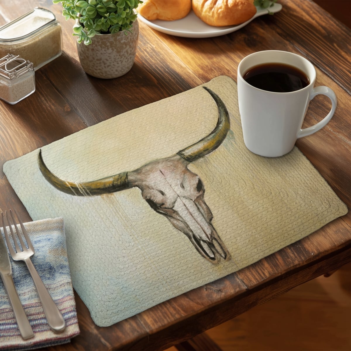Picture of Begin Home Decor C4BP1418KUIOB4 14 x 18 in. Cow Skull Braided Polyester Placemat - Home Decor Accent - Set of 4