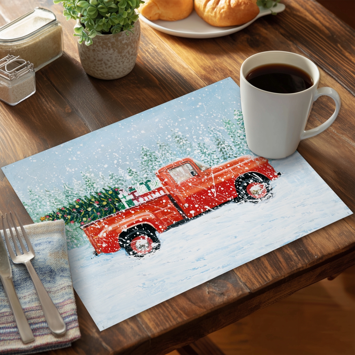 Picture of Begin Home Decor C4PP1418HYORIG 14 x 18 in. Christmas Tree Truck Polyester Placemat - Holiday Home Decor - Set of 4
