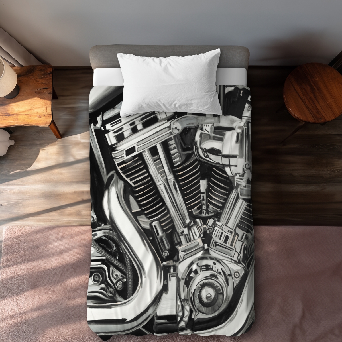 C1DCTSW0YCF6LD Twin Size Mechanism of a Motorcycle Duvet Cover - Contemporary Man Cave Decor