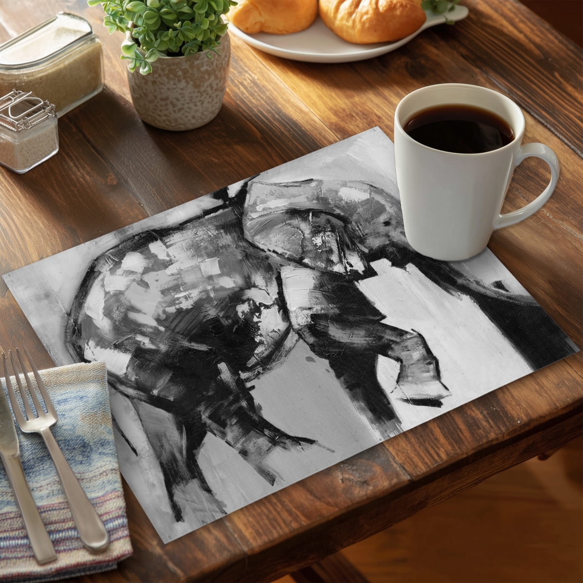 Picture of Begin Home Decor C6PP14181WKOIW 14 x 18 in. Beautiful Monochrome Elephant Polyester Placemat - Home Decor - Set of 6