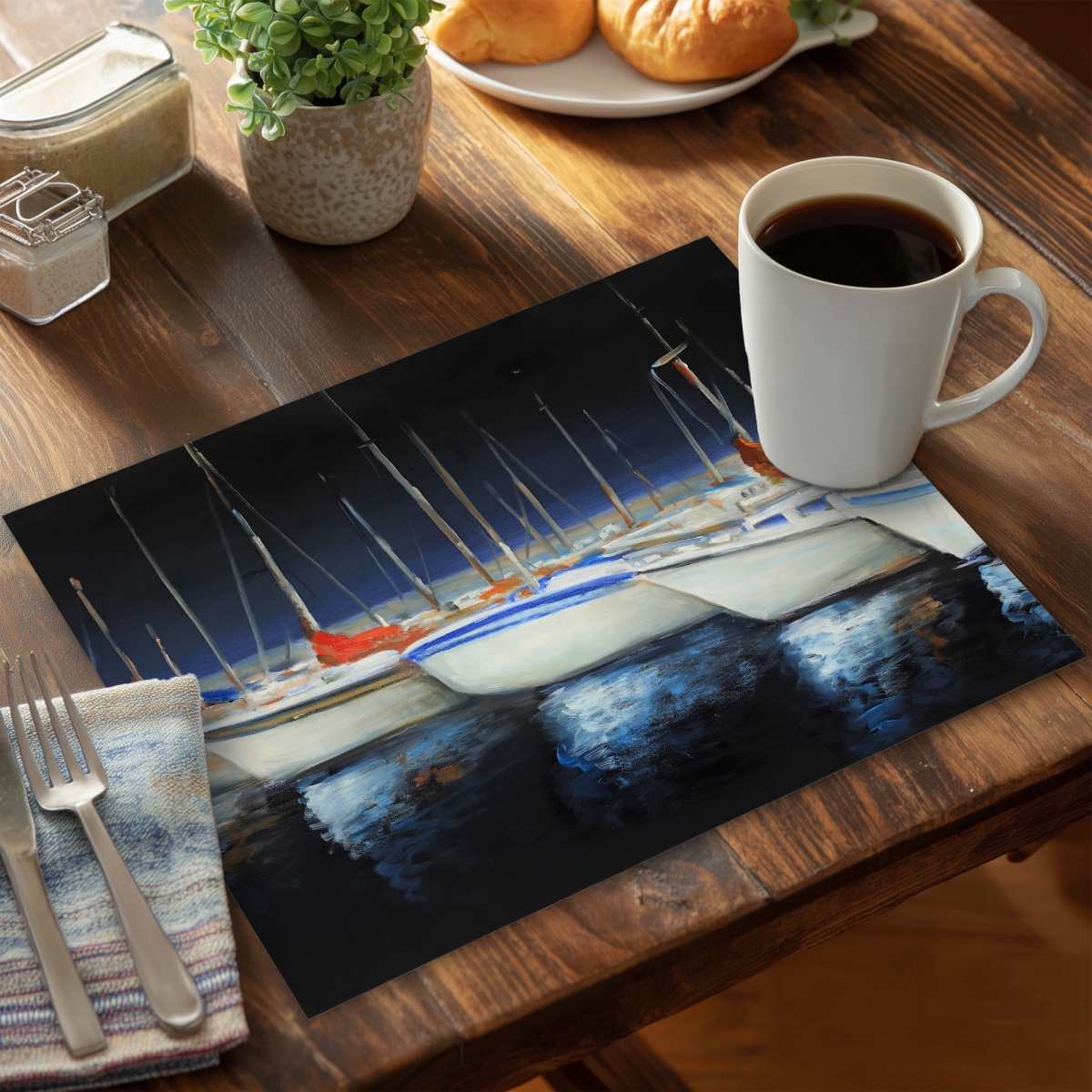 Picture of Begin Home Decor C6PP1418L0OIAD 14 x 18 in. Fishing Boats At the Marina Polyester Placemat - Home Decor - Set of 6