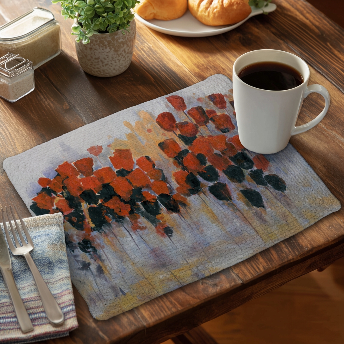 Picture of Begin Home Decor C6BP1418ZQFDW6 14 x 18 in. Red Flowers Field Braided Polyester Placemat - Home Decor - Set of 6