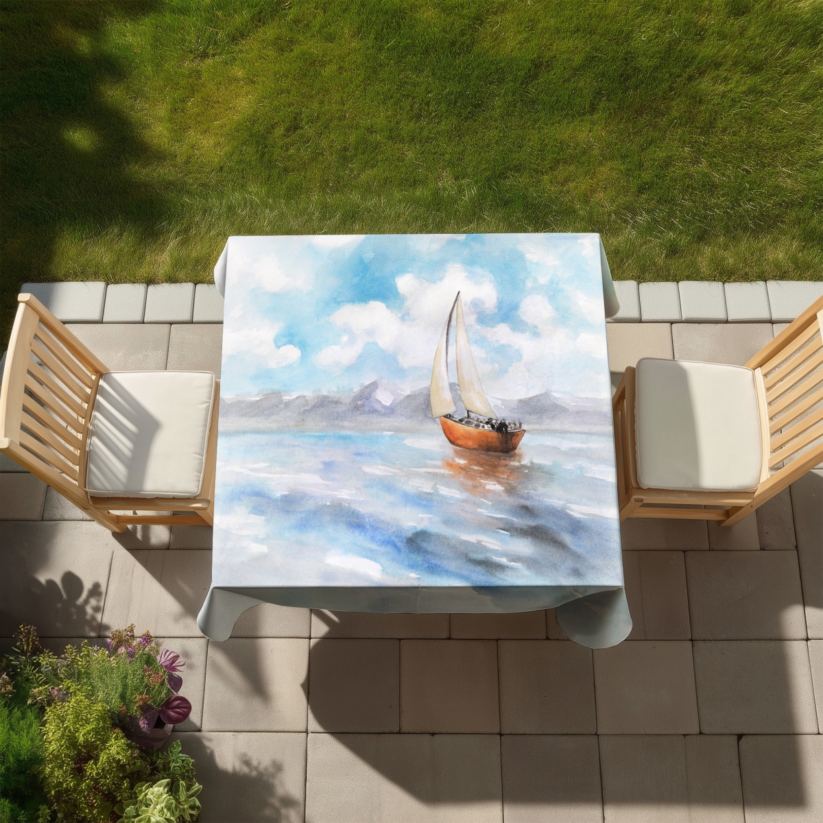 Picture of Begin Home Decor C1TC585805IHVL 58 x 58 in. Sailboat Landscape Tablecloth - Coastal Marine Decor Indoor Outdoor