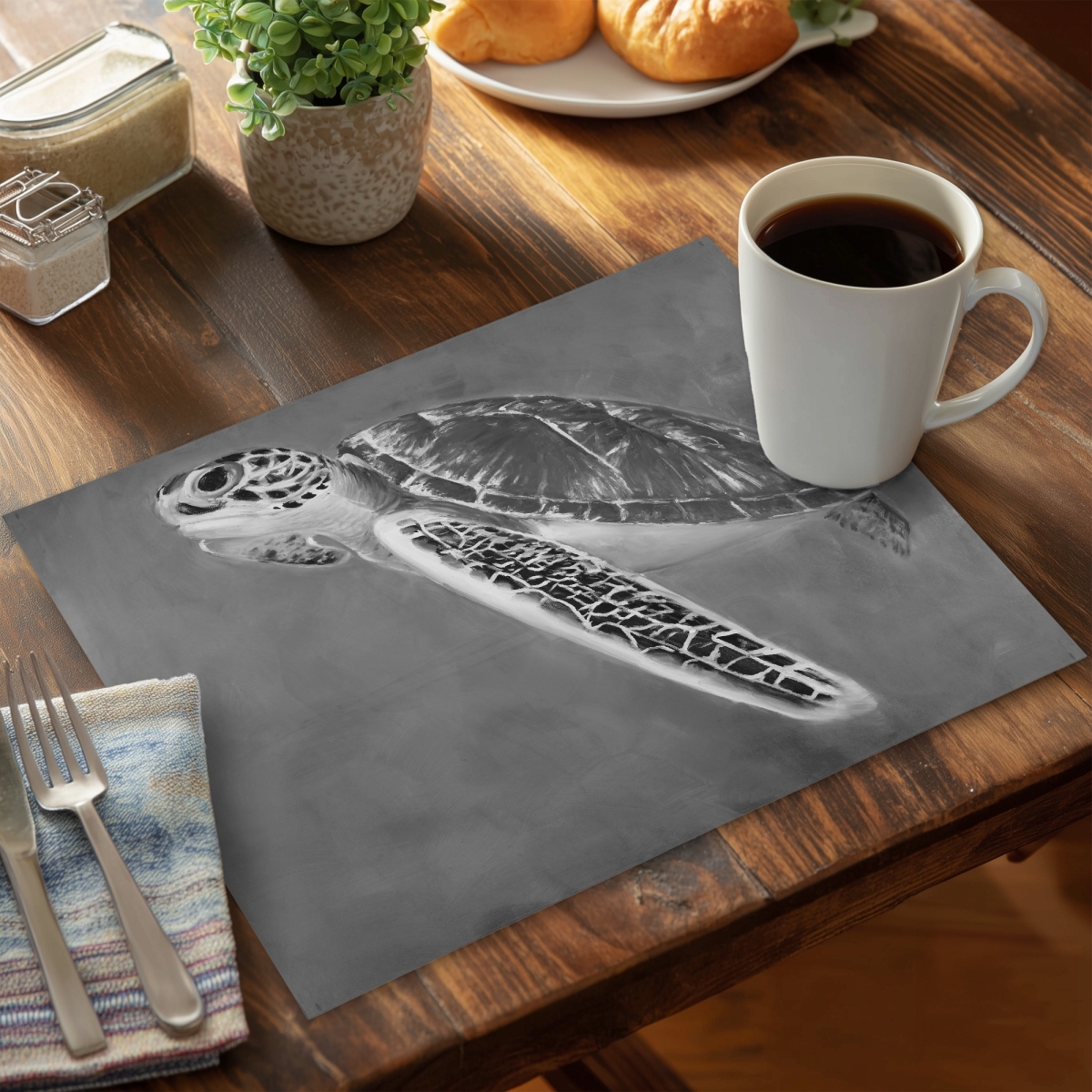 Picture of Begin Home Decor C6PP1418RTG8G2 14 x 18 in. Grayscale Sea Turtle Polyester Placemat for Home Decor - Set of 6
