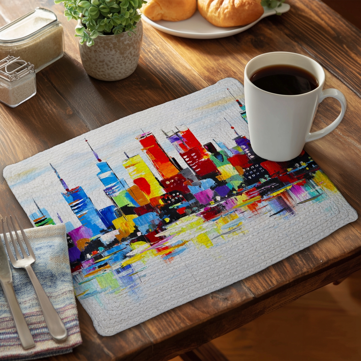 Picture of Begin Home Decor C6BP1418HIYS8T 14 x 18 in. Abstract & Colorful City Braided Polyester Placemat - Home Decor - Set of 6