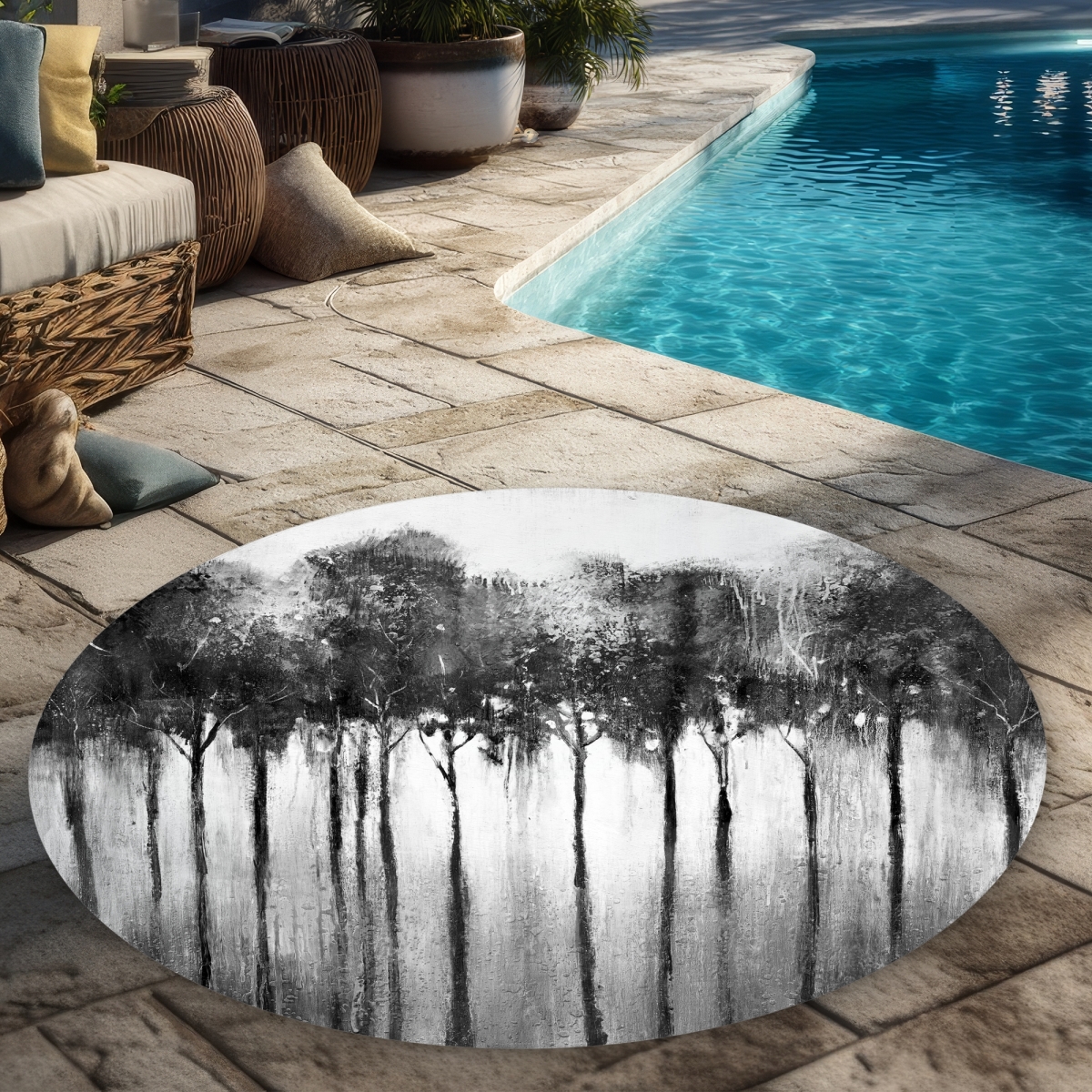 C1COAR55GWXA4F 5 x 5 ft. Abstract Forest Black & White Rug - Round Outdoor Decor