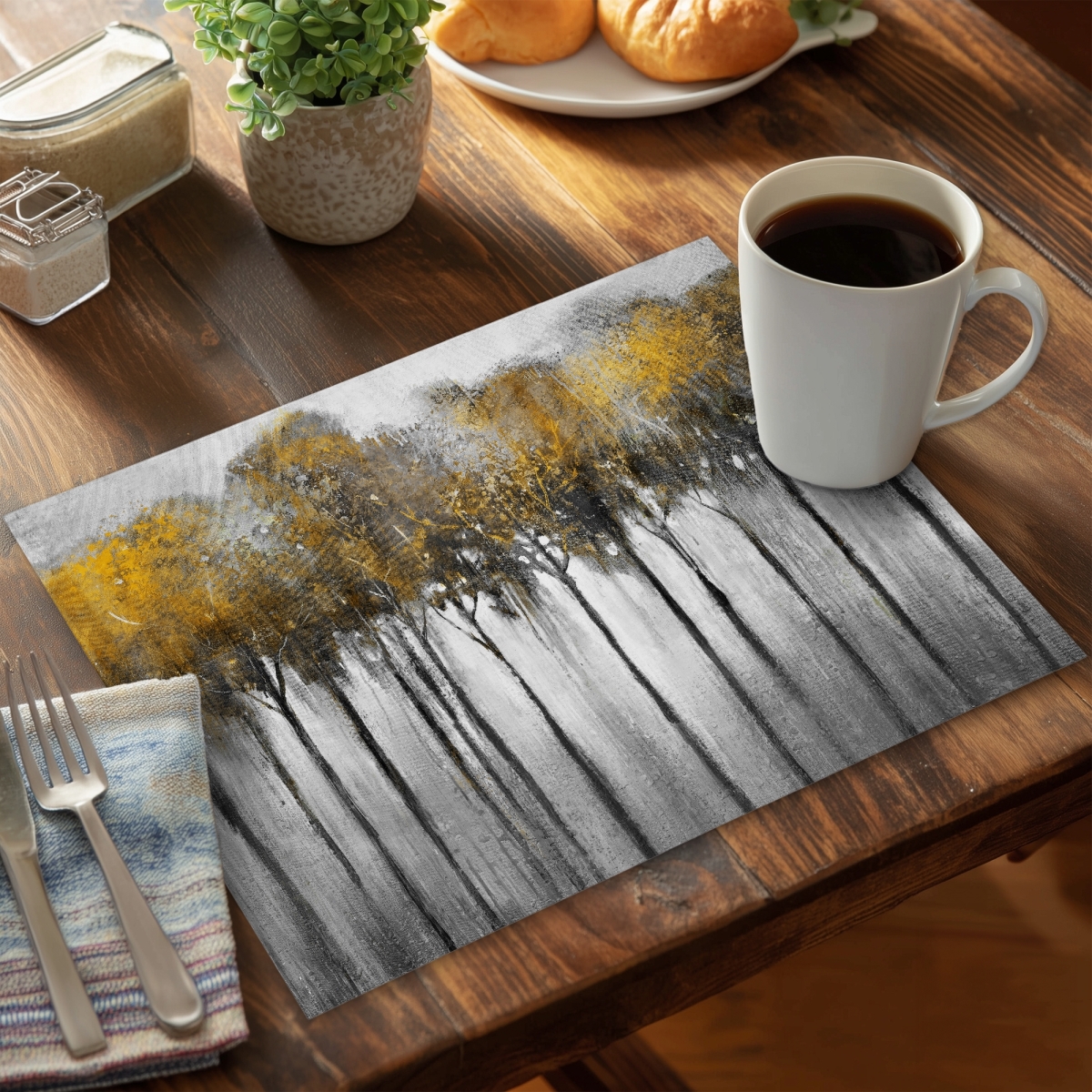 Picture of Begin Home Decor C6PP1418HKQOMZ 14 x 18 in. Abstract Yellow Forest Polyester Placemat - Home Decor Accent - Set of 6