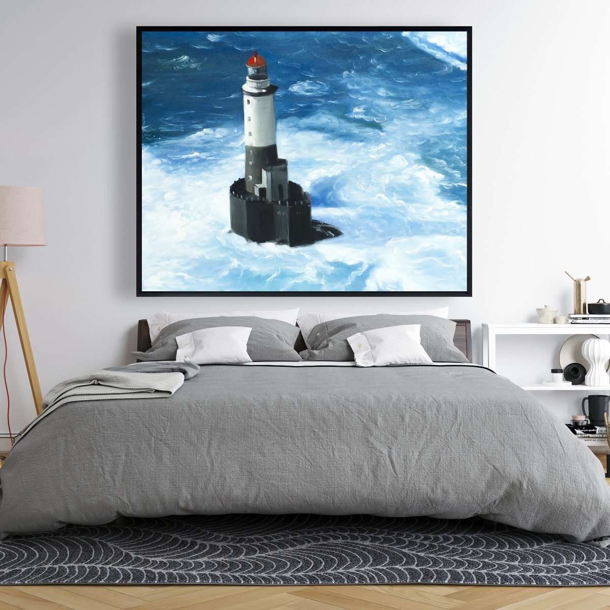 C1FC4860UYL0N3 48 x 60 in. Unleashed Waves on a Lighthouse - Hyperrealist Canvas Art