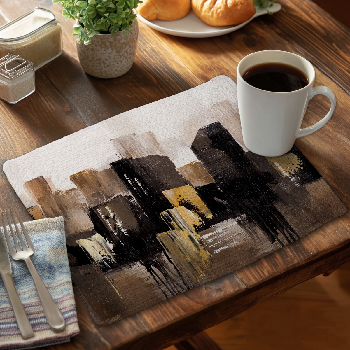 Picture of Begin Home Decor CBPM1418G52Z07 14 x 18 in. Earthy Tones Abstract Cityscape Brown Braided Polyester Placemat