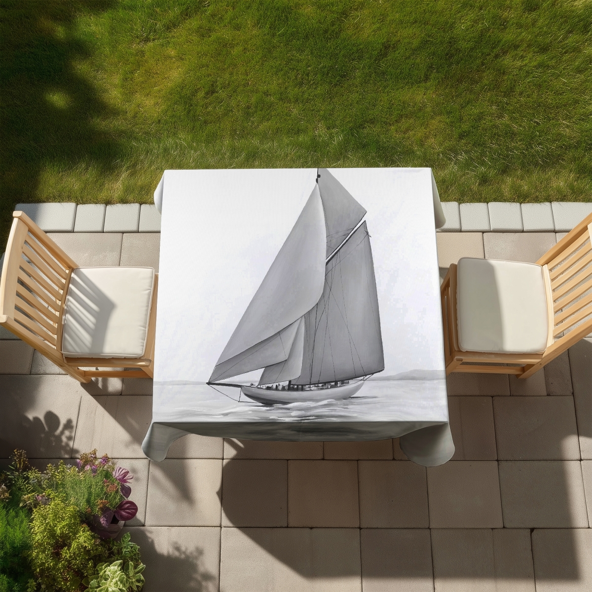 Picture of Begin Home Decor C1TC5858WTDOKW 58 x 58 in. Vintage Sailing Ship Tablecloth - Monochrome Coastal White