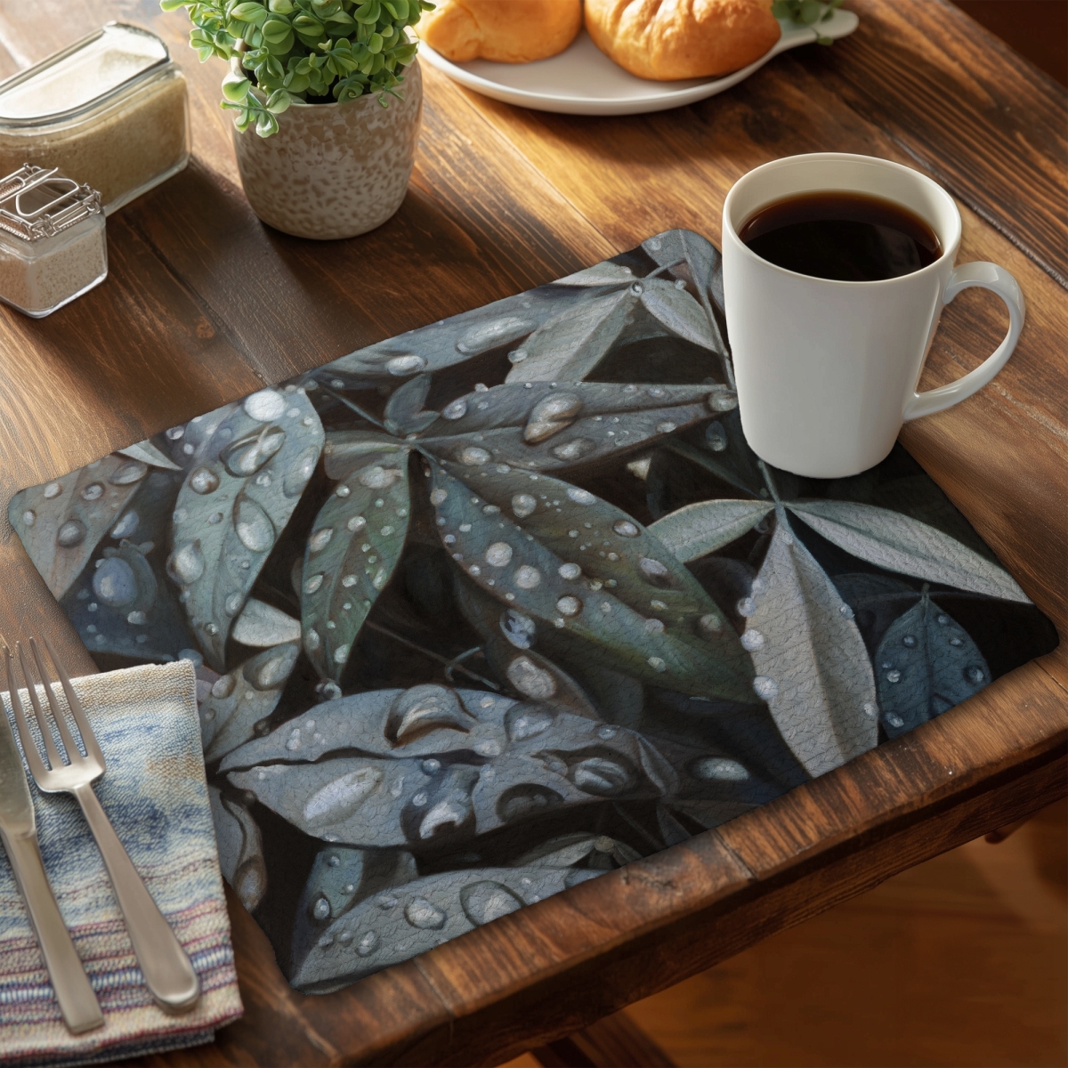 Picture of Begin Home Decor CBPM1418Y7S1LK 14 x 18 in. Blue Botanical Floral Braided Placemat - Leaves After Rain Decor