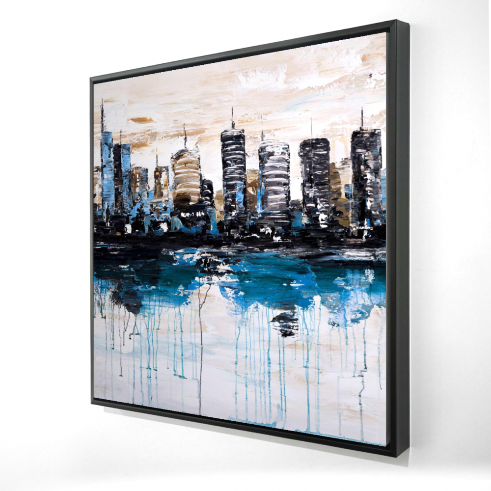 2081-3636-CI246 36 x 36 in. Abstract City with Reflection on Water - Blue Cities Canvas Art