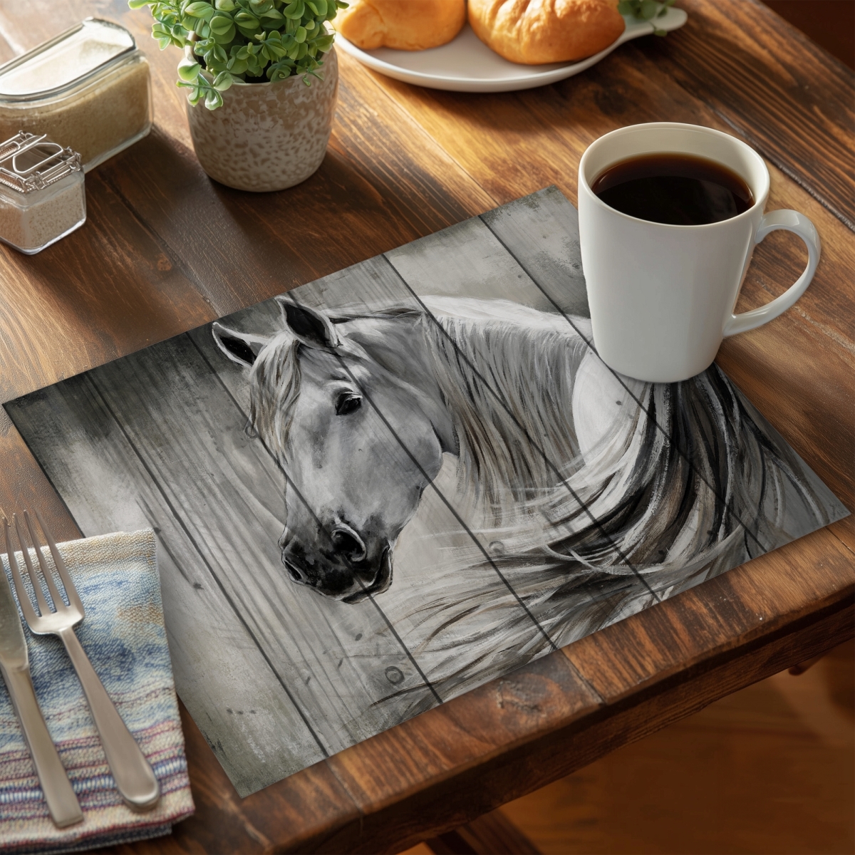 Picture of Begin Home Decor CPPM14186N6EAL 14 x 18 in. Rustic Horse White Farm Animal Placemat - Home Decor Essential