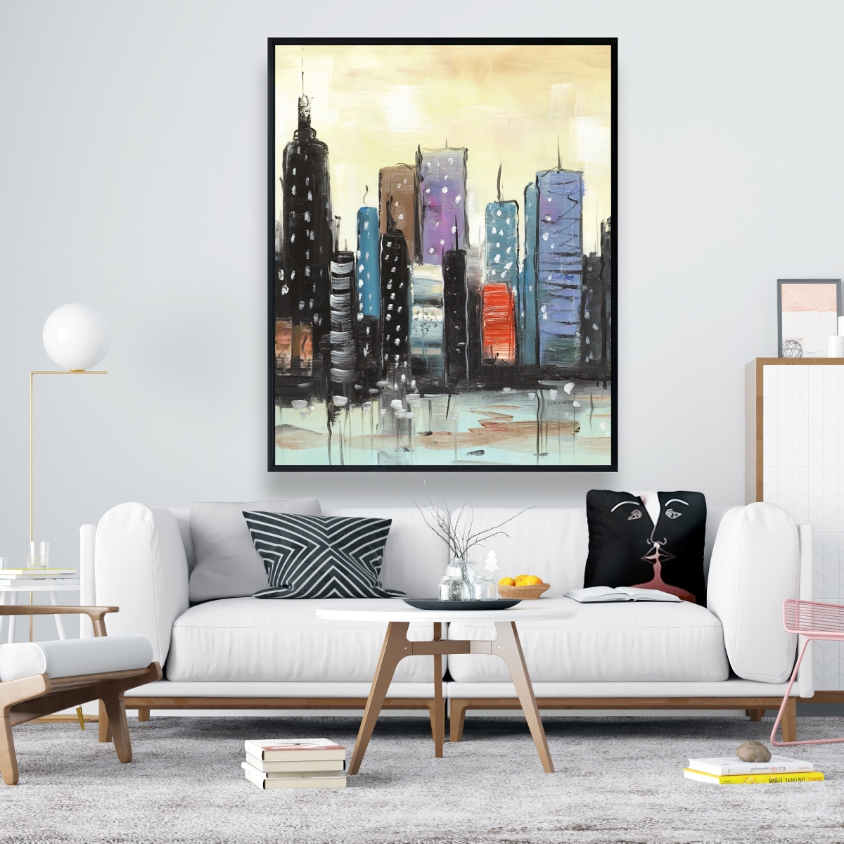 C1FC4860FSEAE4 48 x 60 in. Skyline on Abstract Cityscape - Blue Cities Framed Canvas Art