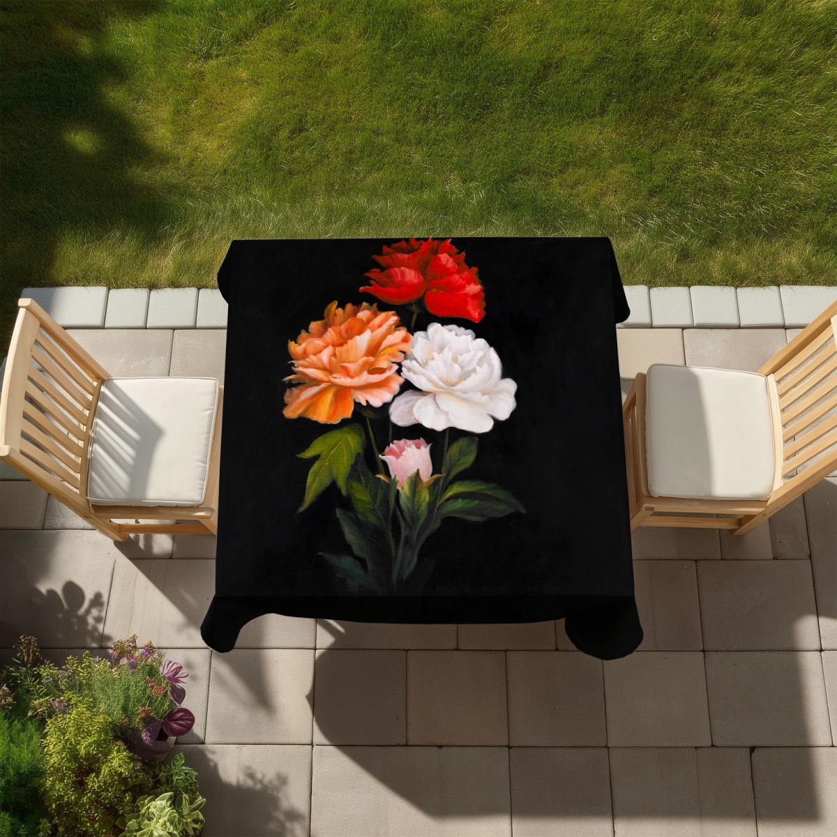 Picture of Begin Home Decor C1TC5858IQK42X 58 x 58 in. Floral Botanical Black Tablecloth - Rose Design Home Decor
