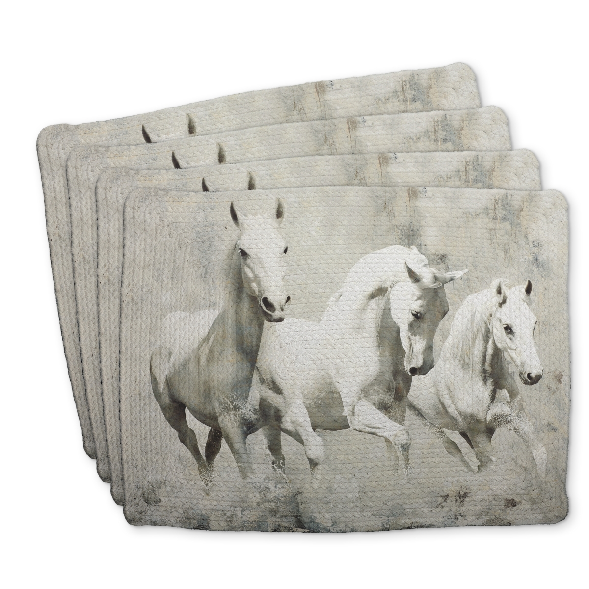 Picture of Begin Home Decor C4BP1418EH0FMX 14 x 18 in. Three White Horses Running Braided Polyester Placemat - Home Decor - Set of 4
