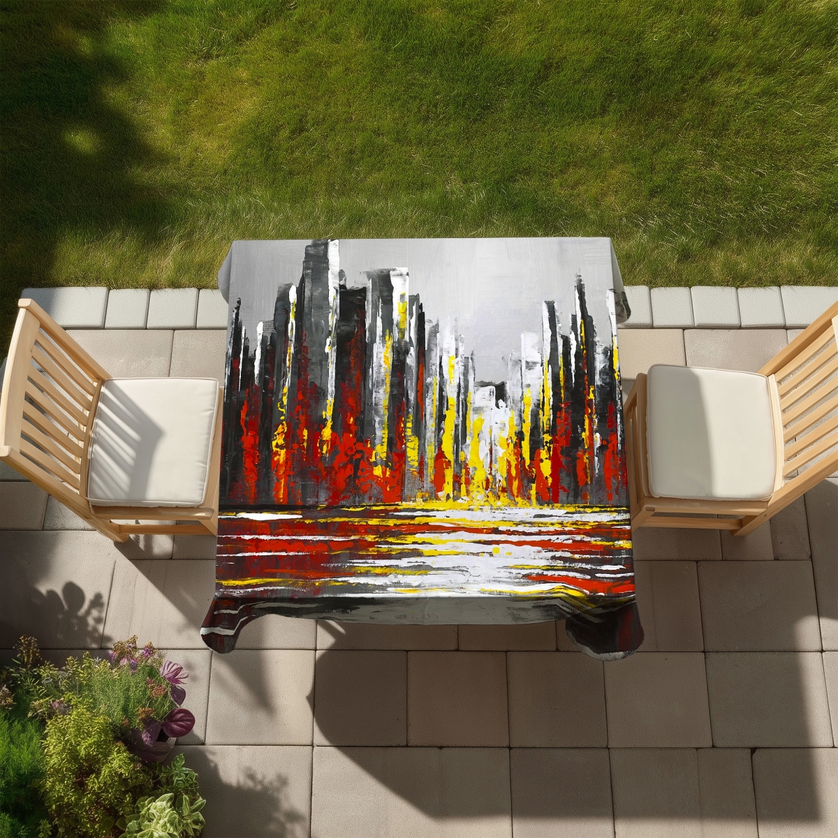 Picture of Begin Home Decor C1TC5858I6SWZQ 58 x 58 in. Abstract Red Skyline - Yellow Building Tablecloth for Home Decor