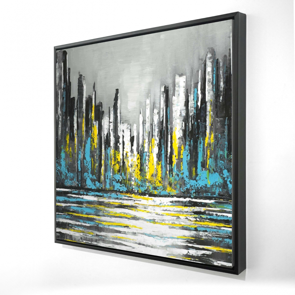 2081-3636-CI335 36 x 36 in. Abstract Blue Skyline - Building Cities Framed Canvas Art