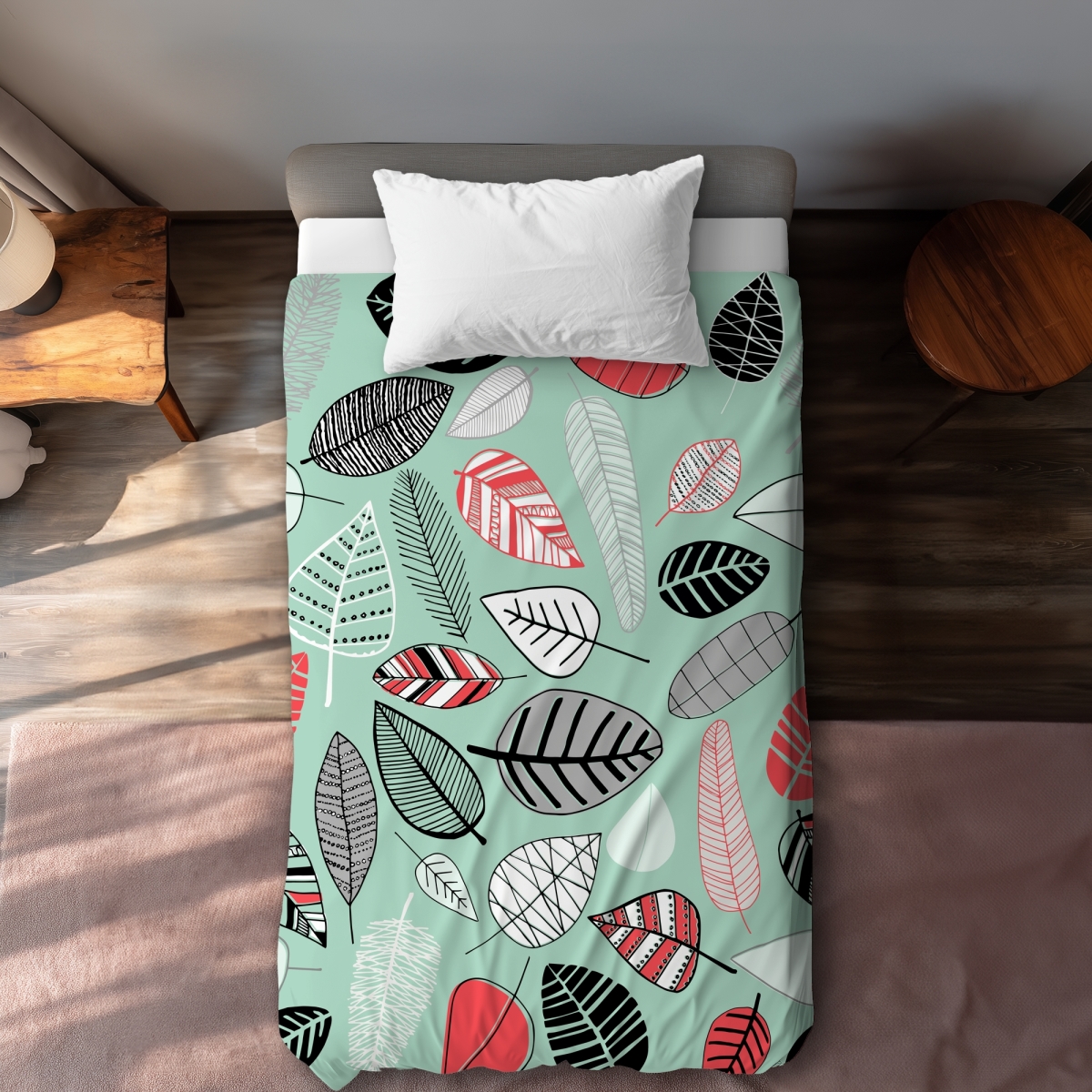 C1DCTXLWLSFU90 Twin Extra Long Turquoise Leaf Patterns Duvet Cover - Home Decor Essentials