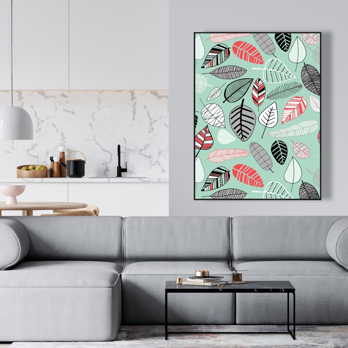 C1FC3648JFX0RF 36 x 48 in. Turquoise Leaf Patterns - Framed Canvas Home Decor Art