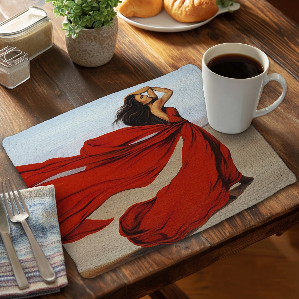 Picture of Begin Home Decor C4BP1418NVB02W 14 x 18 in. Woman with Long Red Dress in Desert - Braided Polyester Placemat - Set of 4