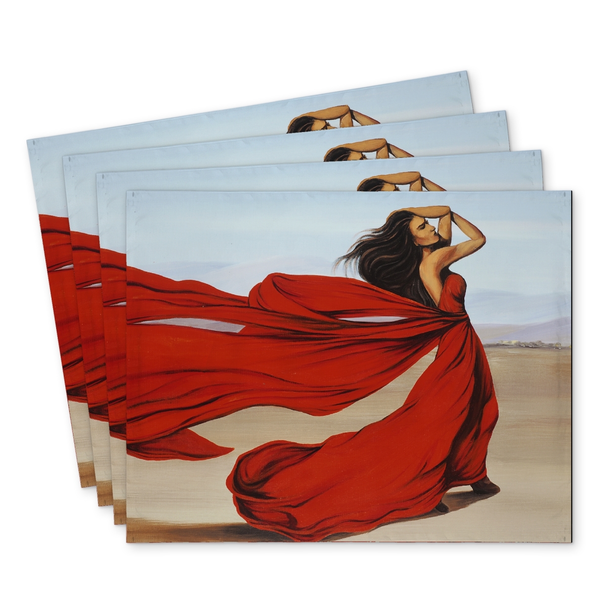 Picture of Begin Home Decor C4PP1418757FQ9 14 x 18 in. Woman with Long Red Dress in Desert - Polyester Placemat - Set of 4