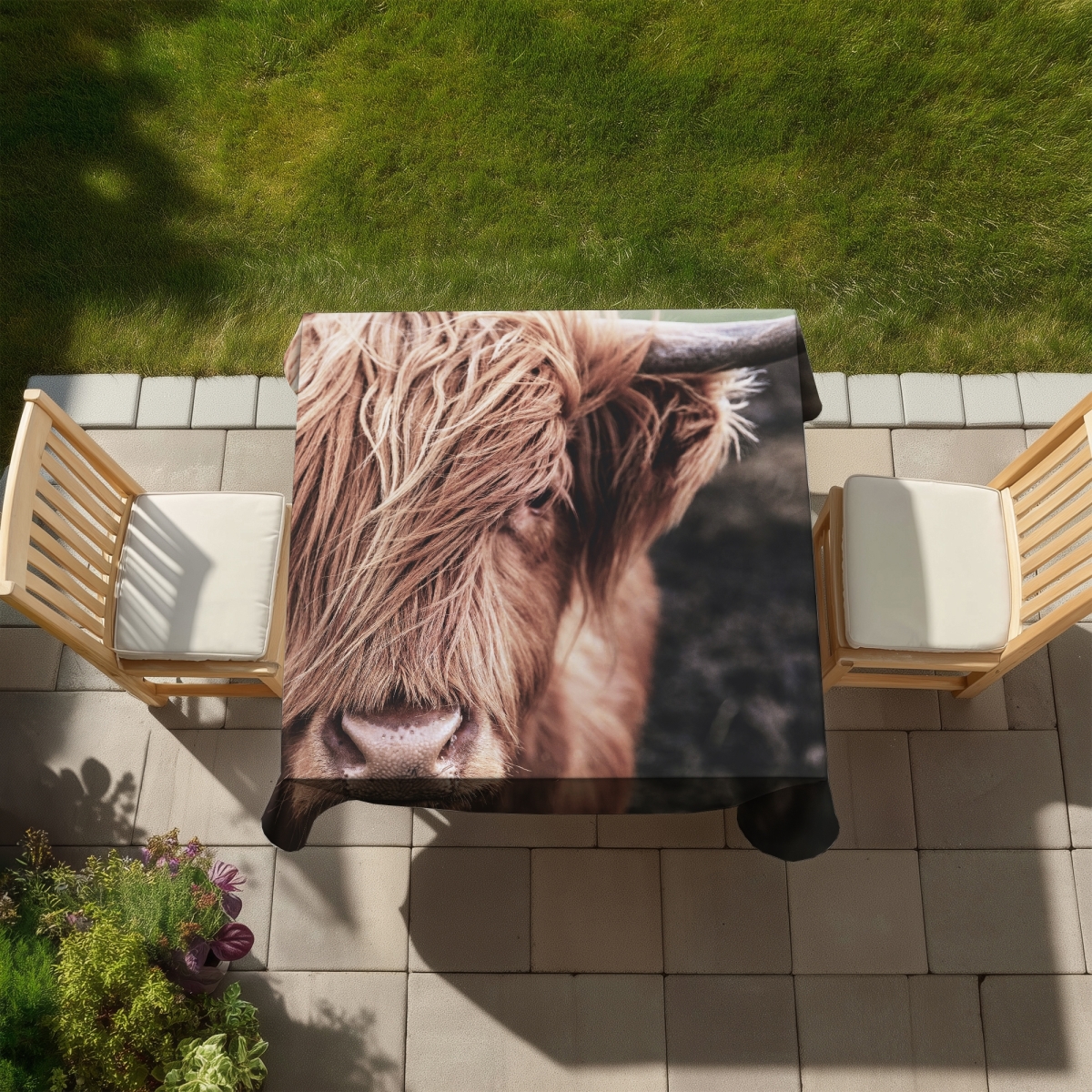 Picture of Begin Home Decor C1TC58586BJAQR 58 x 58 in. Desaturated Highland Cow Tablecloth - Farmhouse Decor, Indoor & Outdoor
