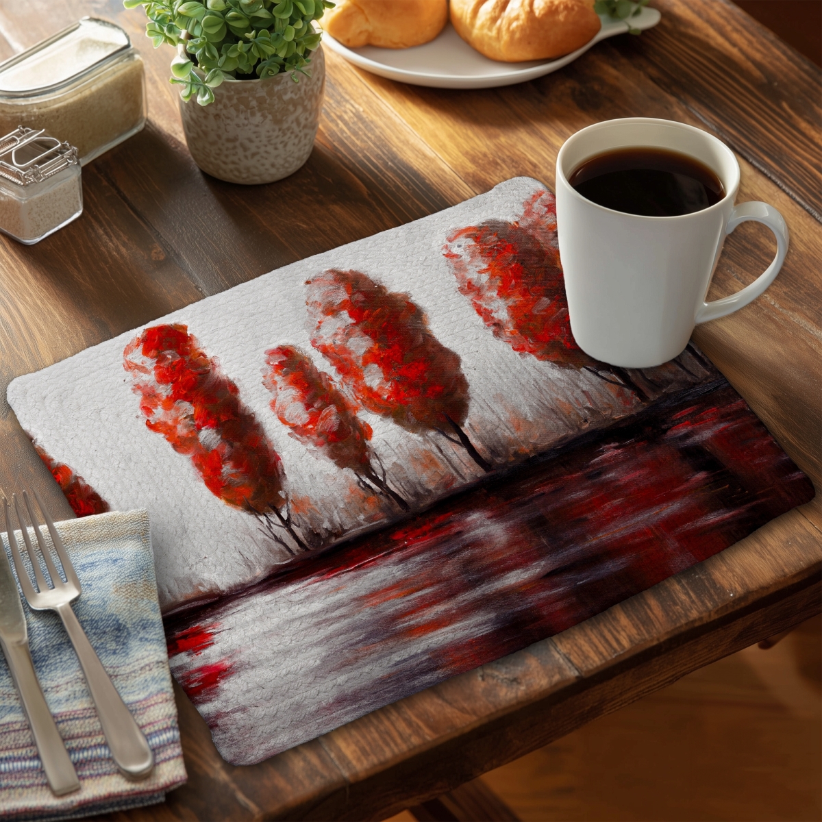 Picture of Begin Home Decor C6BP1418WWFNGJ 14 x 18 in. Red Trees By the Lake - Braided Polyester Placemat for Decor - Set of 6