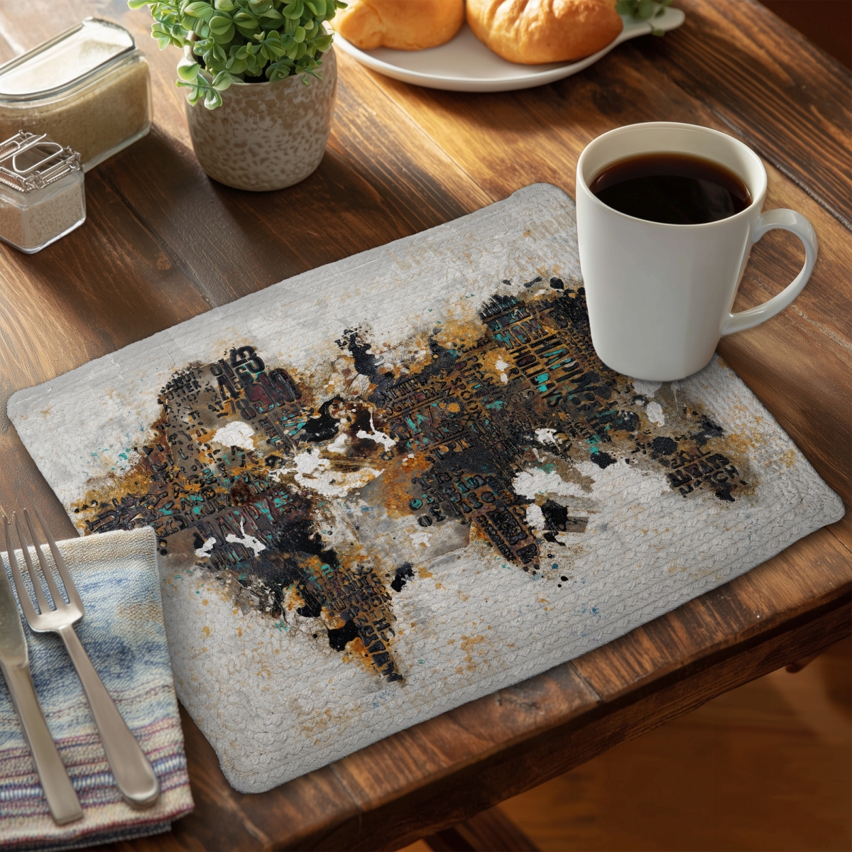 Picture of Begin Home Decor C6BP1418KKJ2VW 14 x 18 in. Abstract World Map Typography Braided Polyester Placemat - Home Decor - Set of 6