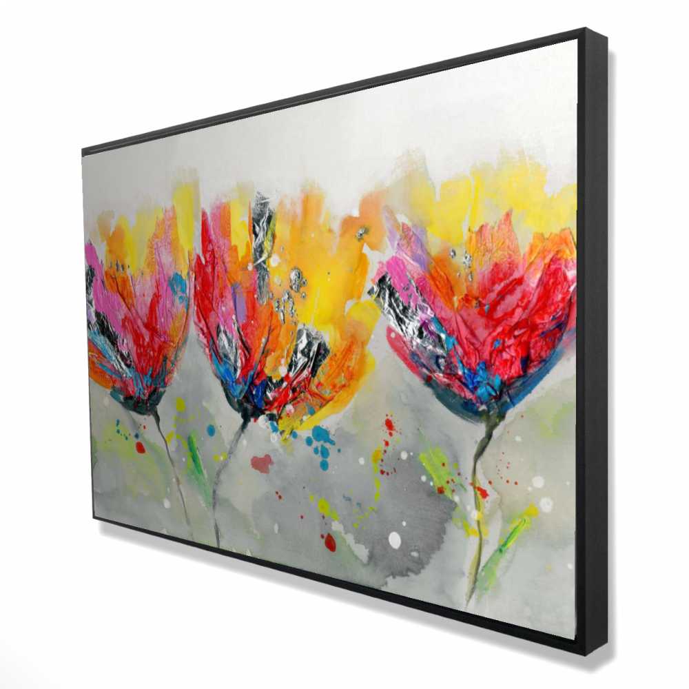 2081-2436-FL66-1 24 x 36 in. Four Colored Flowers on Gray Background - Romantic Botanical Framed Canvas Art
