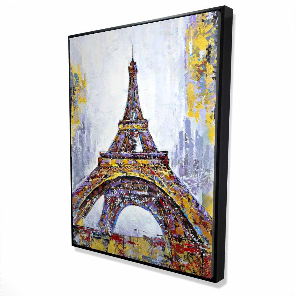 2081-4836-CI46 36 x 48 in. Abstract Paint Splash Eiffel Tower - Yellow Framed Canvas Art