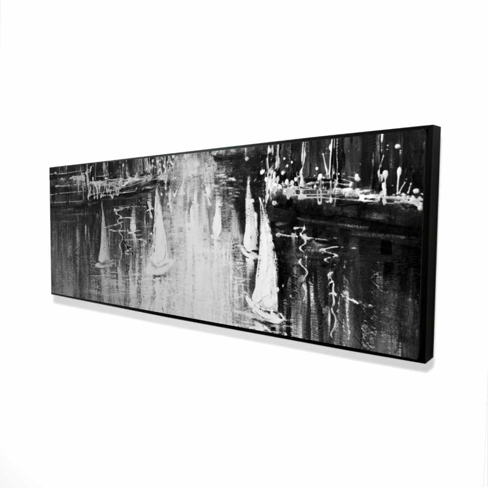 2081-2060-CO4 20 x 60 in. Grayscale Boats on the Water - Gray Marine Framed Canvas