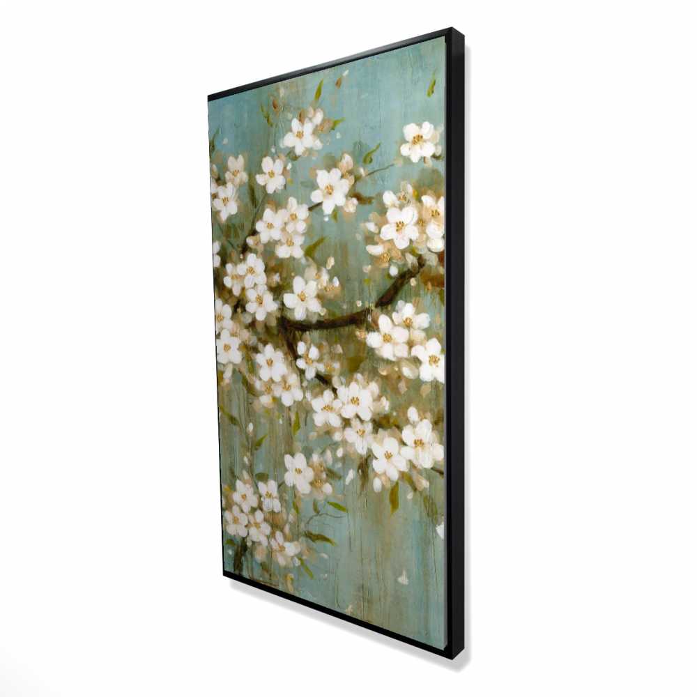 2081-4824-FL80 24 x 48 in. White Cherry Blossom - Turquoise Botanical Framed Canvas Art