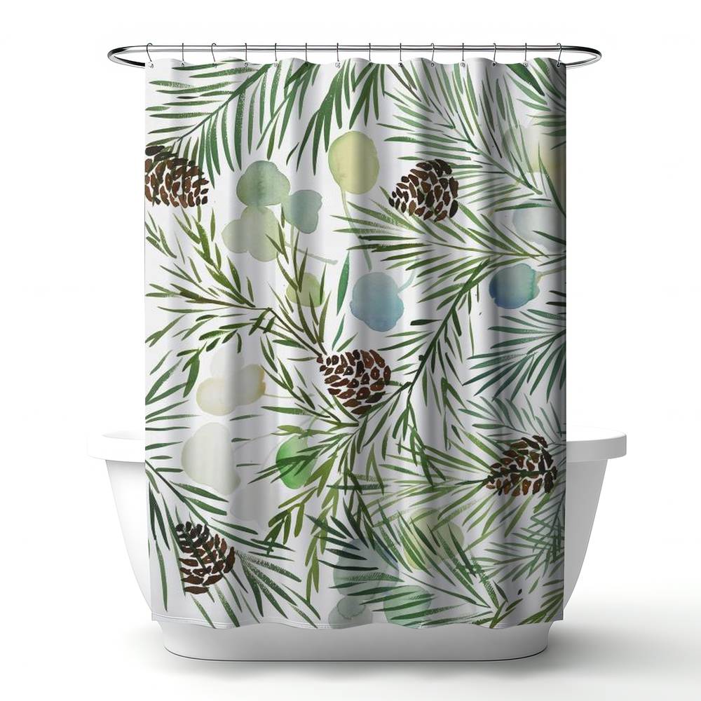 4240-7174-HO8 71 x 74 in. White Botanical Pine Cone Pattern Shower Curtain - Decor