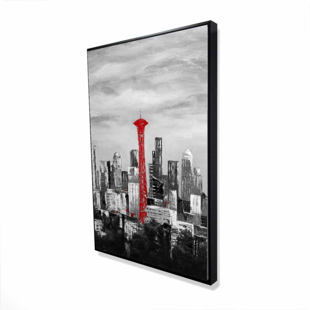 2081-3624-CI271 24 x 36 in. Space Needle in Red - White Cities Framed Canvas Decor