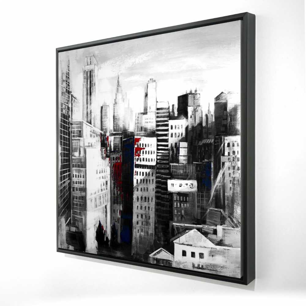2081-3636-CI340 36 x 36 in. White City with Paint Splash - Modern Black Framed Canvas