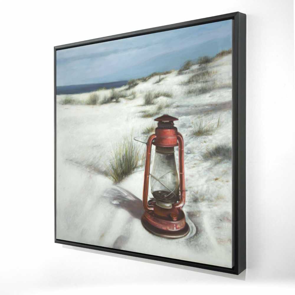 2081-3636-CO160 36 x 36 in. Lantern on the Beach - Hyperrealist Red Framed Canvas Decor
