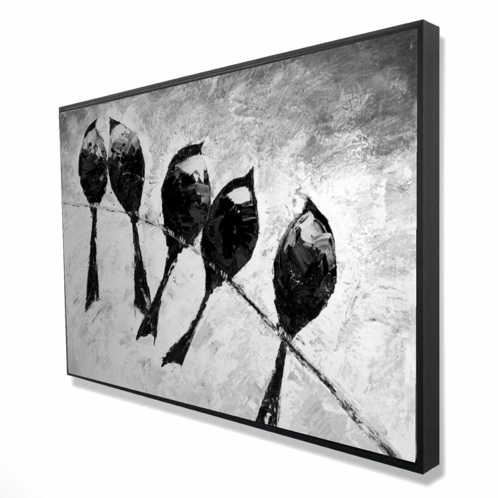 2081-2436-AN115-1 24 x 36 in. Five Birds Perched - Gray Feathers Framed Canvas Decor