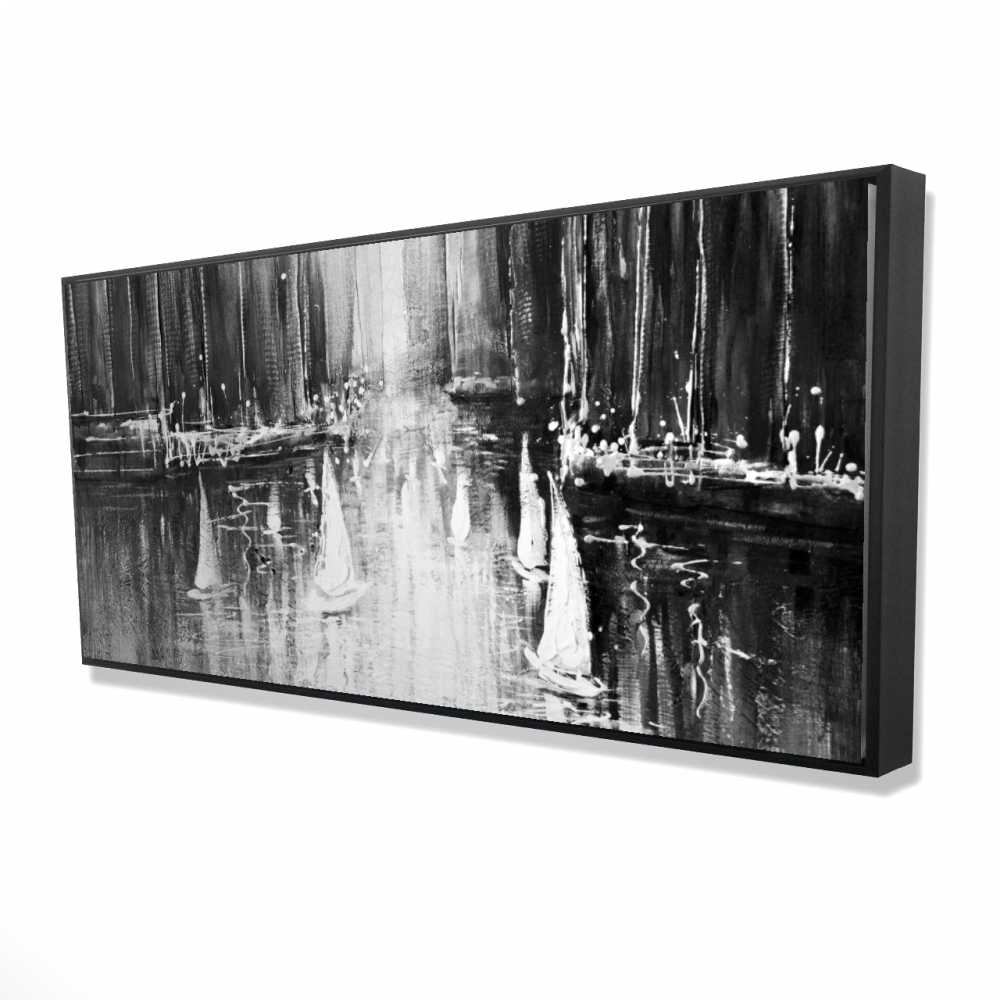 2081-2448-CO4 24 x 48 in. Grayscale Boats on the Water - Framed Canvas for Bedroom