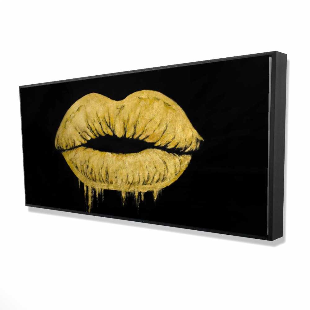 2081-2448-FI89 24 x 48 in. Golden Lips - Black Minimalist Framed Canvas - Home Decor