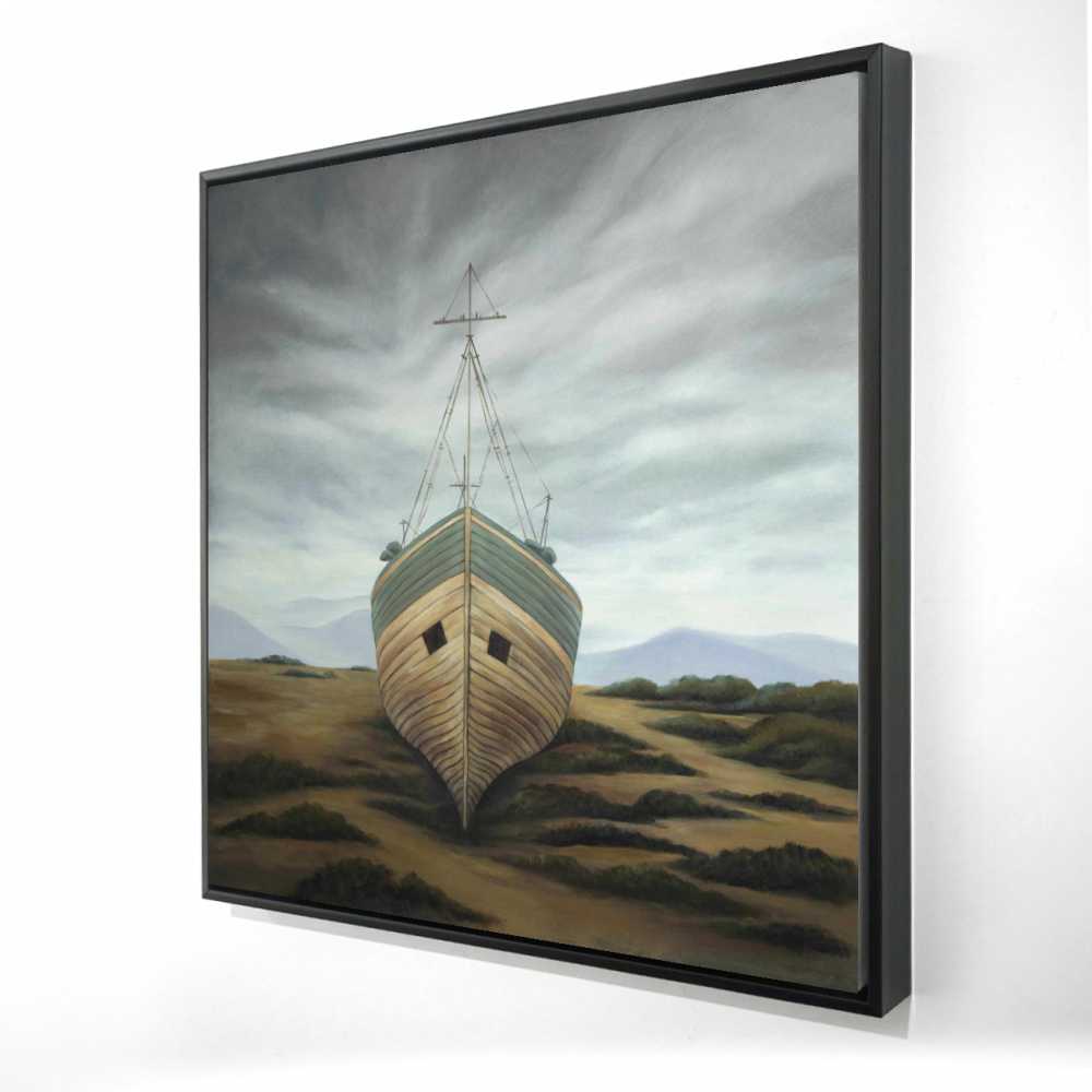 2081-3636-CO146 36 x 36 in. Boat - Mountains Bathroom Framed Canvas for Home Decor