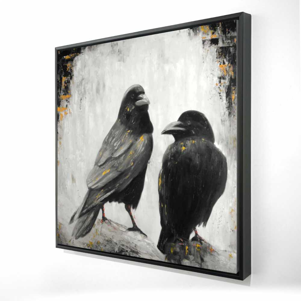 2081-3636-AN293 36 x 36 in. Two Crows Birds - White Hyperrealist Framed Canvas Decor