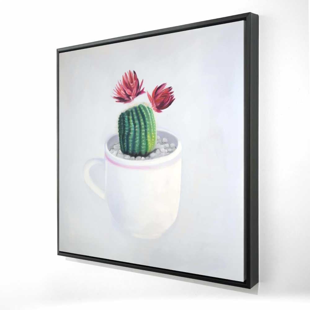 2081-3636-FL328 36 x 36 in. Mini Cactus in A Cup - Botanical Pink Framed Canvas Decor